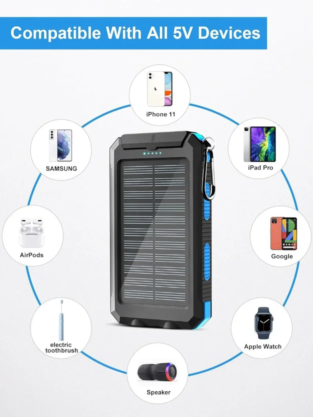 Solar Power Bank Charger, Flashlight, Compass- NEW
